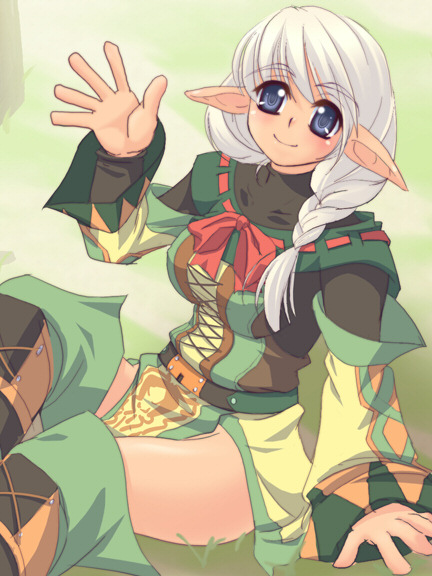 katy (artist), elvaan, summoner (final fantasy), final fantasy, final fantasy xi, 00s, 1girl, blue eyes, braid, elf, female focus, long hair, pointy ears, smile, solo, summoner, waving, white hair