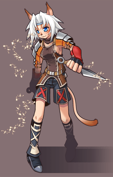 katy (artist), mithra (ff11), ninja (final fantasy), final fantasy, final fantasy xi, 00s, 1girl, animal ears, blue eyes, breasts, cat girl, female focus, kunai, ninja, short hair, sideboob, solo, tail, weapon, white hair