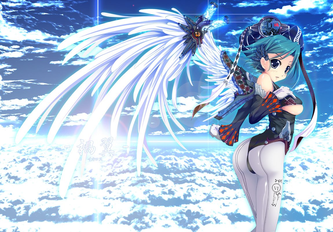 kirise mitsuru, original, bad id, bad pixiv id, 1girl, aqua hair, ass, breasts, day, detached sleeves, ear ornament, feathered wings, female focus, from side, gloves, green hair, hand on own chest, leggings, lens flare, looking at viewer, mechanical wings, medium breasts, parted lips, short hair, sky, solo, underboob, white gloves, wings