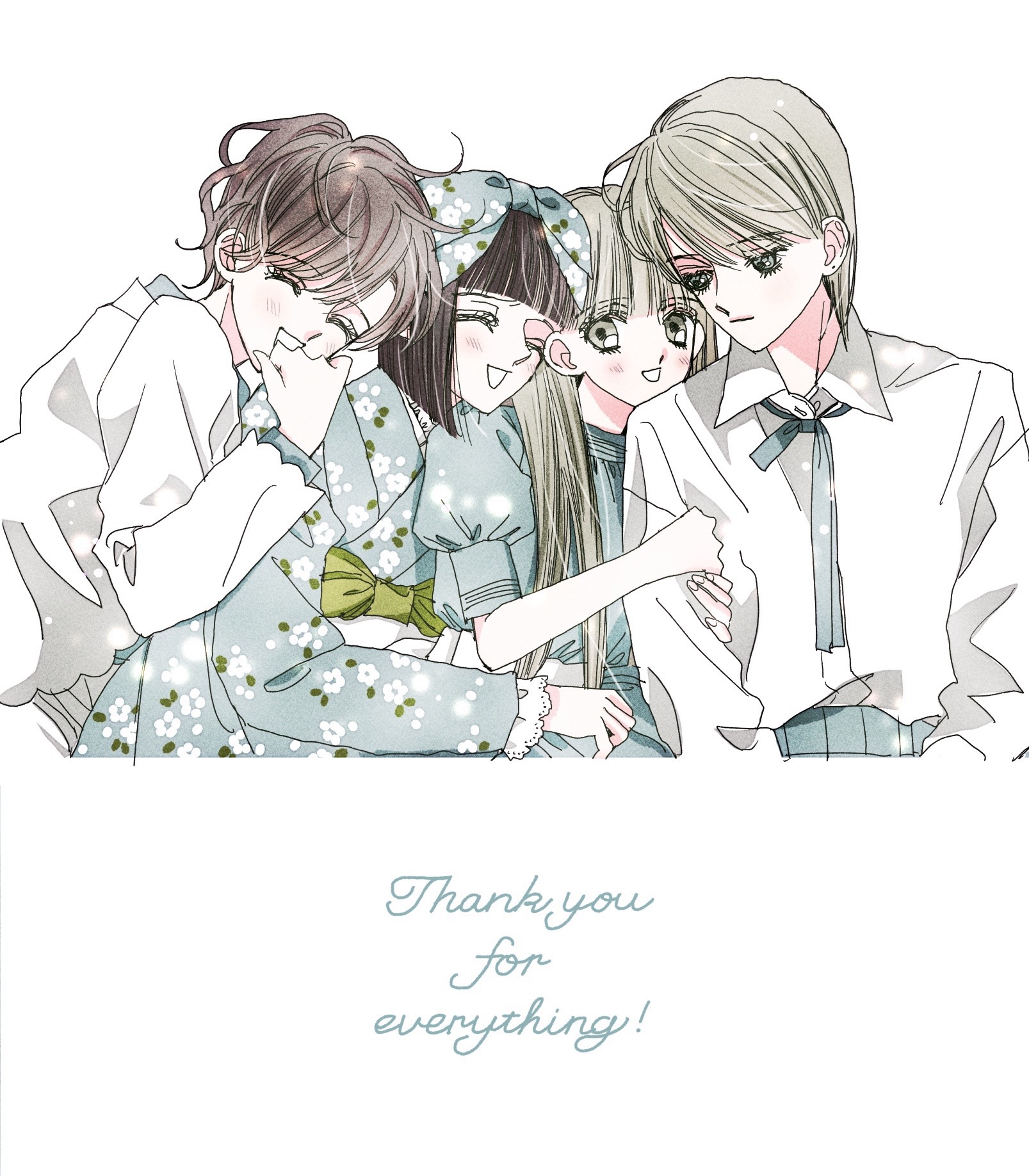 nui nakato, highres, 4girls, blonde hair, brown hair, holding another's arm, long hair, multiple girls, necktie, short hair, smile, thank you, toi et moi (manga)