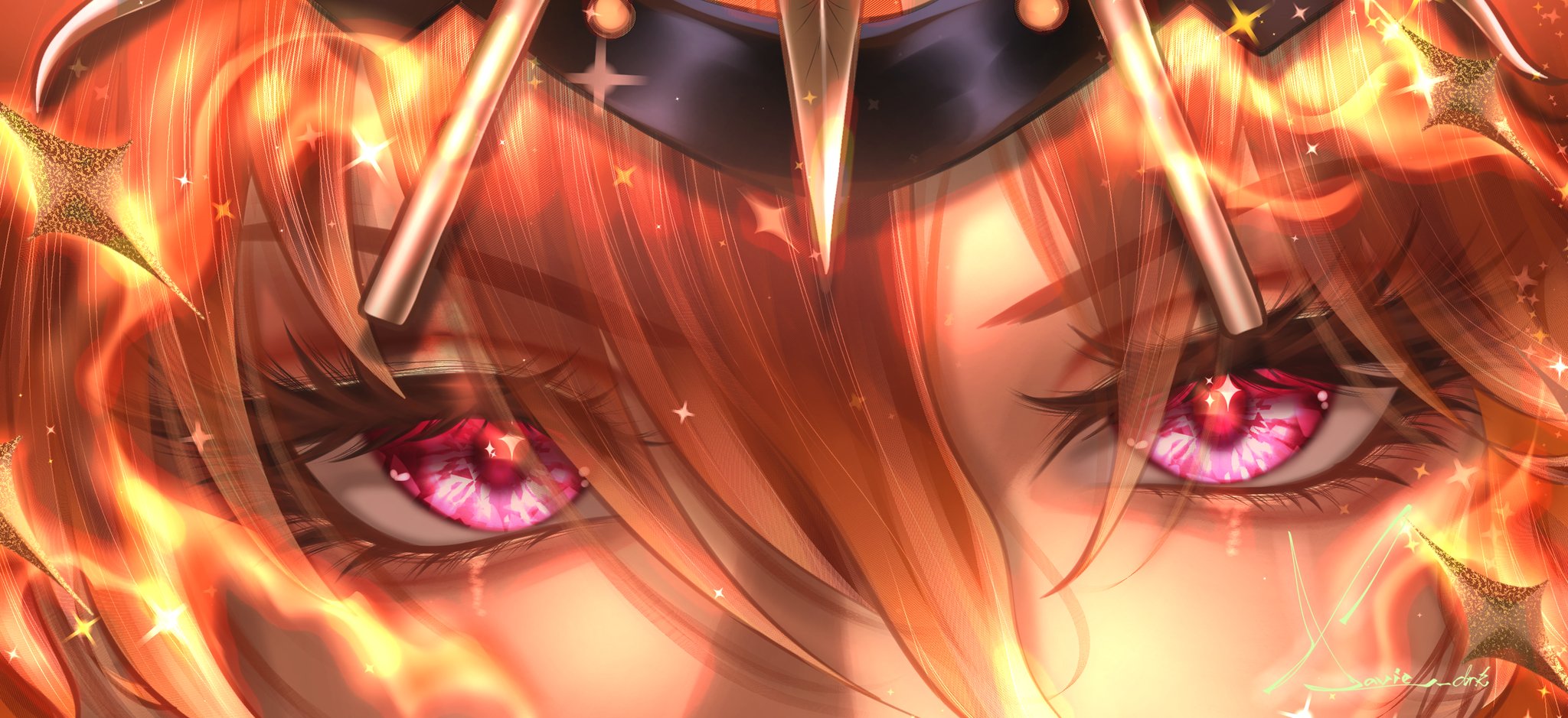 xaviedrk, augusta (wuthering waves), wuthering waves, commentary, highres, 1girl, close-up, eye focus, eyelashes, hair between eyes, long hair, looking at viewer, orange hair, red eyes, signature, solo