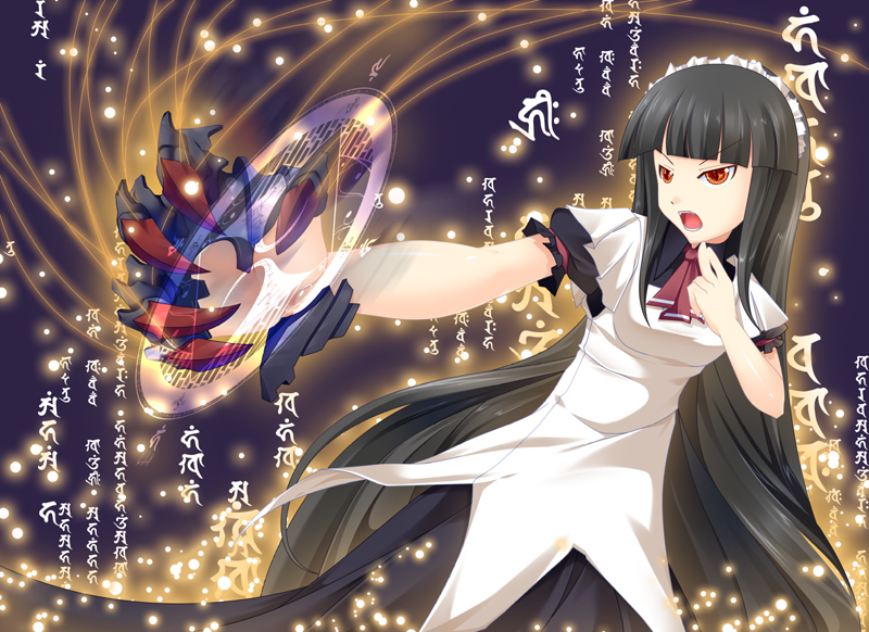 kirise mitsuru, original, bad id, bad pixiv id, 1girl, apron, black dress, black hair, blunt bangs, cowboy shot, dress, female focus, long hair, looking at viewer, magic circle, magical girl, orange eyes, puffy short sleeves, puffy sleeves, red eyes, short sleeves, sidelocks, solo, very long hair