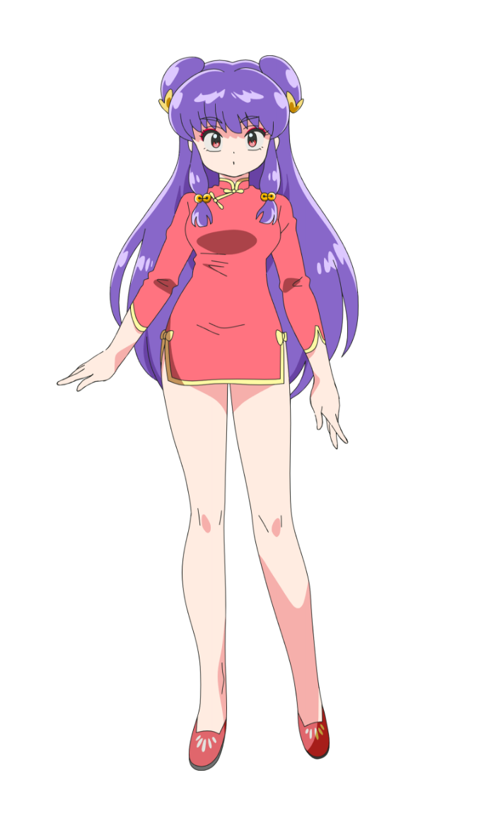 shampoo (ranma 1/2), ranma 1/2, 1girl, china dress, chinese clothes, double bun, dress, hair bun, long hair, purple hair, red dress, red shoes, shoes, sidelocks