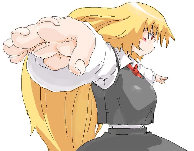 rumia, embodiment of scarlet devil, touhou, 1girl, aged up, alternate hair length, alternate hairstyle, blonde hair, female focus, foreshortening, long hair, oekaki, outstretched arms, red eyes, solo, spread arms