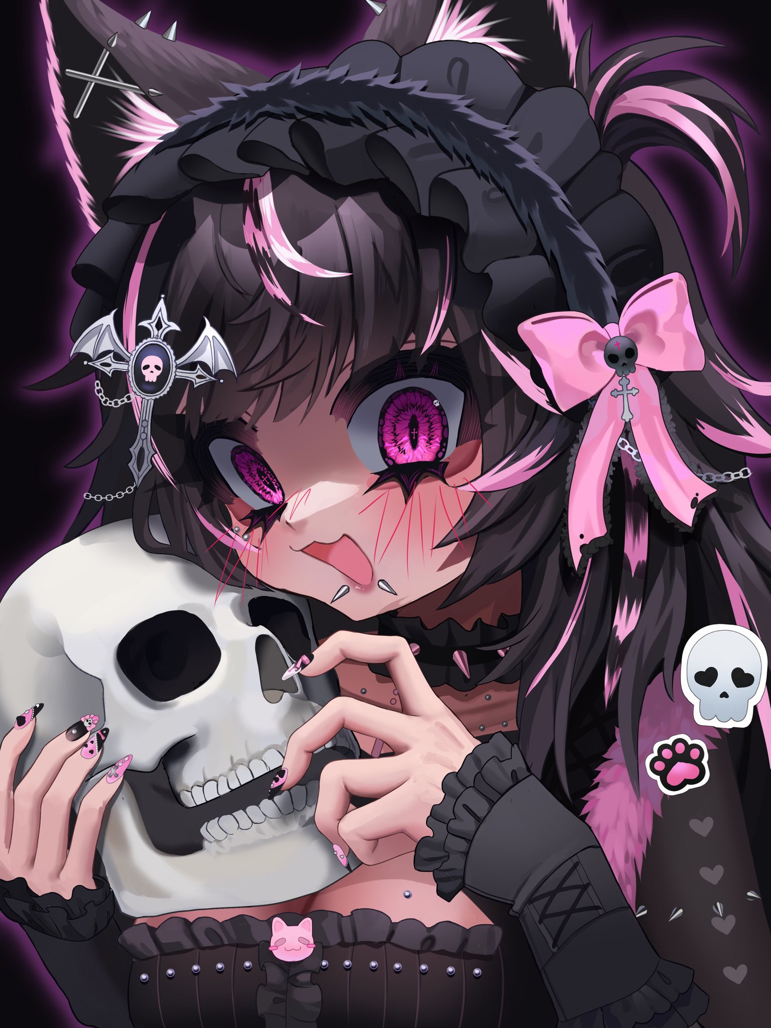 indie virtual youtuber, commentary, english commentary, highres, second-party source, 1girl, animal ear fluff, animal ear piercing, animal ears, black choker, black dress, black hair, black hairband, black nails, blush, bow, breast piercing, breasts, cat ears, cat girl, choker, cleavage, cross in eye, dress, eye piercing, face piercing, frilled hairband, frills, grimxiiu, hair bow, hair ornament, hairband, hands up, holding, holding skull, labret piercing, long hair, looking at viewer, medium breasts, multicolored hair, multicolored nails, nail polish, nyaicore, open mouth, piercing, pink bow, pink eyes, pink nails, pink streaks, simple background, skull, smile, solo, spike piercing, spiked choker, spikes, streaked hair, swept bangs, upper body, virtual youtuber, white background