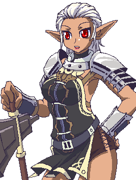 katy (artist), elvaan, warrior (final fantasy), final fantasy, final fantasy xi, lowres, 00s, 1girl, armor, axe, elf, female focus, hand on own hip, pointy ears, red eyes, solo, warrior, weapon, white hair