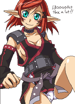 katy (artist), elvaan, final fantasy, final fantasy xi, lowres, 00s, 1girl, aqua eyes, breasts, elf, english text, female focus, oekaki, panties, pantyshot, pointy ears, red hair, sideboob, simple background, solo, underwear