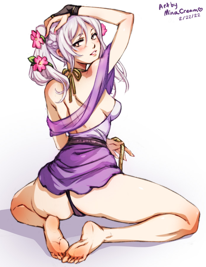 mina cream, female robin (fire emblem), female robin (valentine) (fire emblem), fire emblem, fire emblem awakening, fire emblem heroes, nintendo, variant set, 1girl, artist name, ass, bare legs, bare shoulders, barefoot, black panties, blush, breasts, brown eyes, dated, flower, from behind, grey hair, hair flower, hair ornament, looking at viewer, medium breasts, official alternate costume, panties, pink flower, simple background, sitting, smile, solo, teeth, twintails, underwear