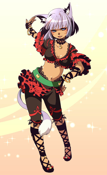 katy (artist), mithra (ff11), final fantasy, final fantasy xi, cross-laced footwear, 00s, 1girl, animal ear fluff, animal ears, arm behind back, cat girl, dancer, female focus, full body, midriff, solo, tail