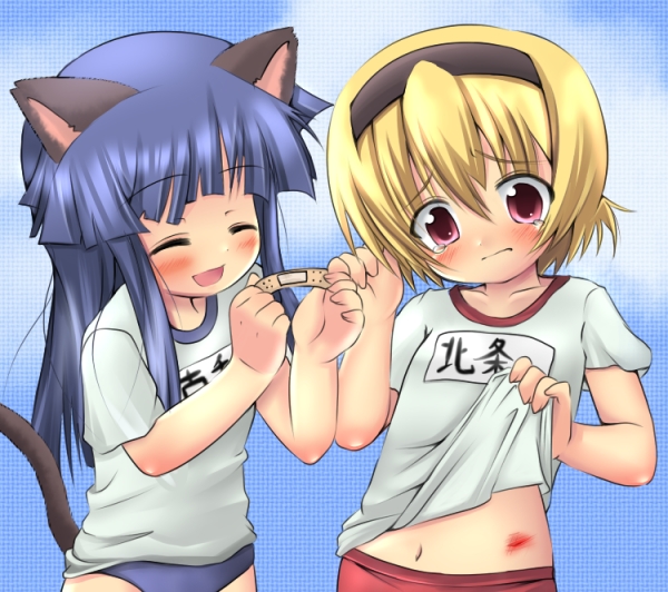 furude rika, houjou satoko, higurashi no naku koro ni, 00s, 2girls, ^ ^, animal ears, blood, buruma, cat ears, cat tail, closed eyes, gym uniform, hairband, multiple girls, tail