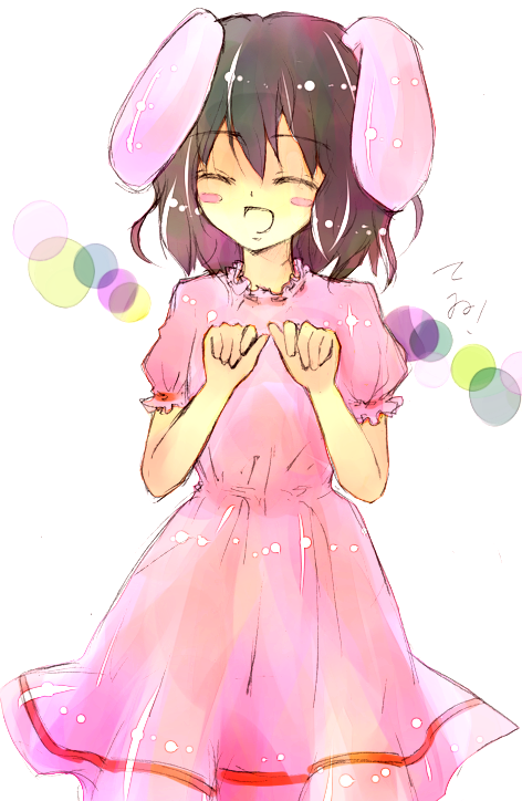 gumi shinou, sadashiki, inaba tewi, touhou, bad id, bad pixiv id, 1girl, :d, ^ ^, animal ears, black hair, blush, brown hair, closed eyes, cowboy shot, dress, female focus, open mouth, paw pose, pink dress, puffy short sleeves, puffy sleeves, rabbit ears, short hair, short sleeves, smile, solo, standing