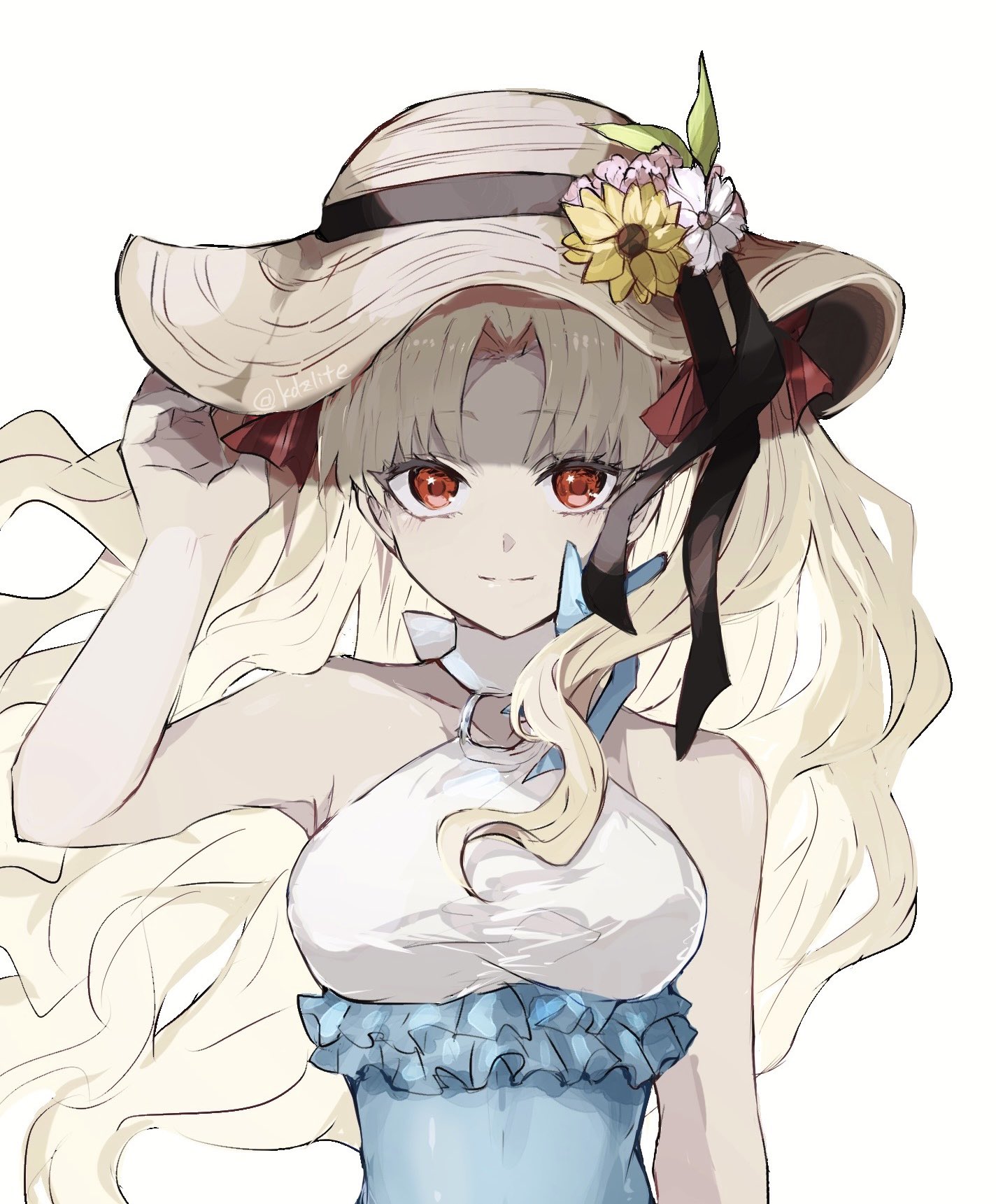 sodamachi, ereshkigal (fate), fate/grand order, fate (series), highres, 1girl, artist name, bare shoulders, blonde hair, blue one-piece swimsuit, bow, breasts, ereshkigal (swimsuit beast) (fate), flower hat, frilled one-piece swimsuit, frills, grey one-piece swimsuit, hair bow, hair ribbon, hat, long hair, looking at viewer, medium breasts, o-ring, o-ring swimsuit, one-piece swimsuit, red eyes, ribbon, smile, sun hat, swimsuit, two-tone one-piece swimsuit, two-tone swimsuit, two side up, white one-piece swimsuit