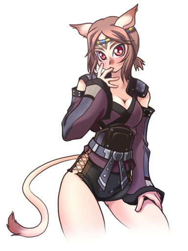 katy (artist), mithra (ff11), final fantasy, final fantasy xi, 00s, 1girl, animal ears, breasts, brown hair, cat girl, female focus, hand on own thigh, licking, licking finger, red eyes, simple background, solo, tail