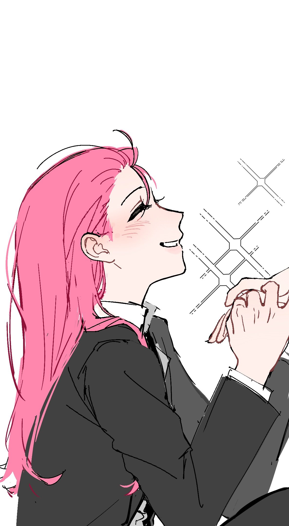 hanye50900348, mizi (alien stage), sua (alien stage), alien stage, commentary, highres, 2girls, black pants, closed eyes, collared shirt, holding hands, jacket, long hair, multiple girls, official alternate costume, pants, pink hair, shirt, smile, solo focus, sparkle, suit jacket, white shirt