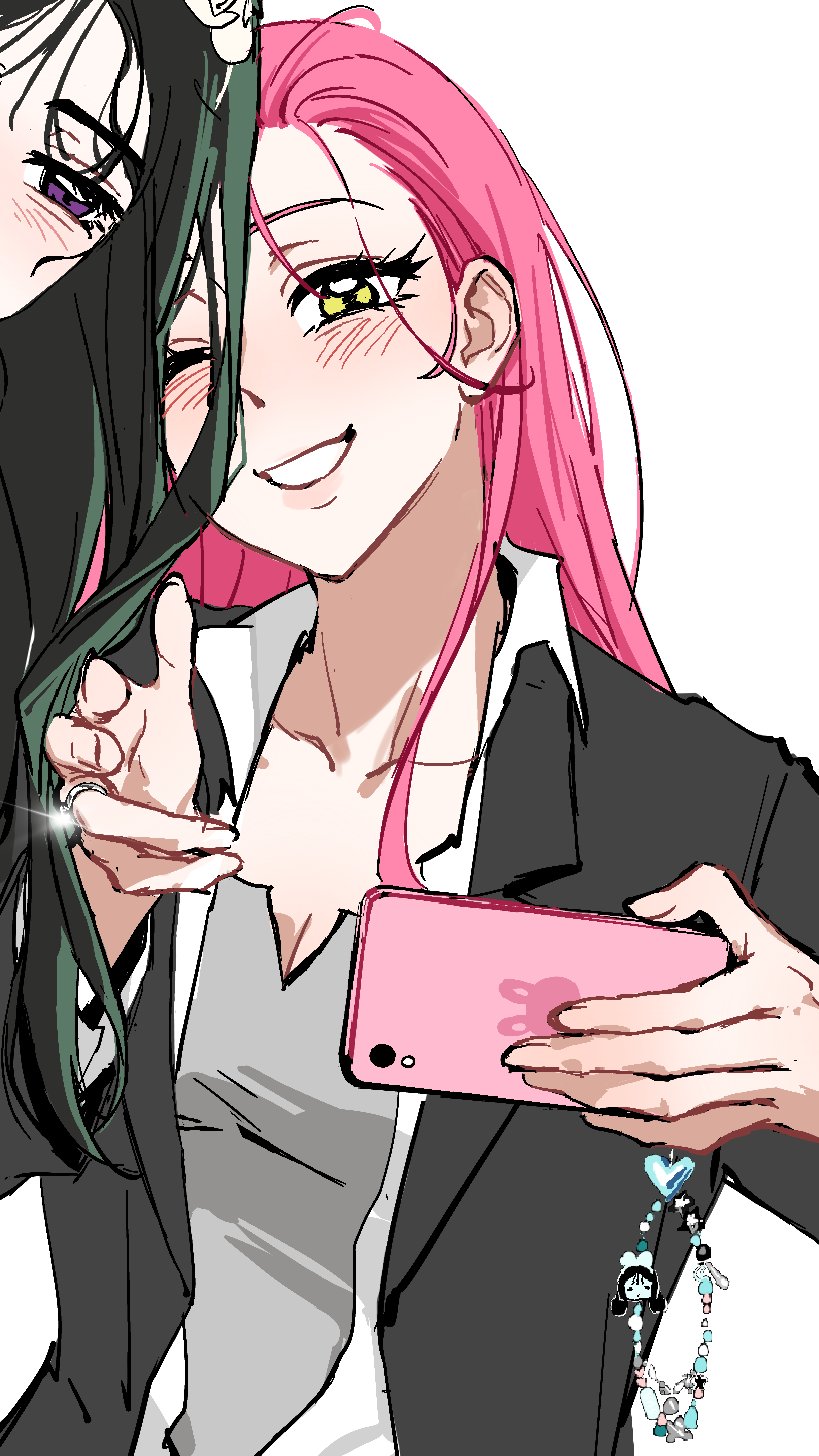 hanye50900348, mizi (alien stage), sua (alien stage), alien stage, commentary, highres, 2girls, black hair, black pants, cellphone, cellphone charm, charm (object), closed eyes, collared shirt, grey shirt, holding, holding hands, holding phone, jacket, jewelry, long hair, multiple girls, official alternate costume, one eye closed, open clothes, open shirt, pants, phone, pink hair, purple eyes, ring, shirt, smartphone, smile, solo focus, sparkle, suit jacket, white shirt, yellow eyes