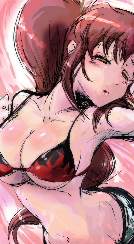 soyoking, yoko littner, tengen toppa gurren lagann, bad id, bad pixiv id, 00s, 1girl, bikini, bikini top only, blush, breasts, cleavage, female focus, large breasts, oekaki, ponytail, red bikini, short shorts, shorts, solo, swimsuit