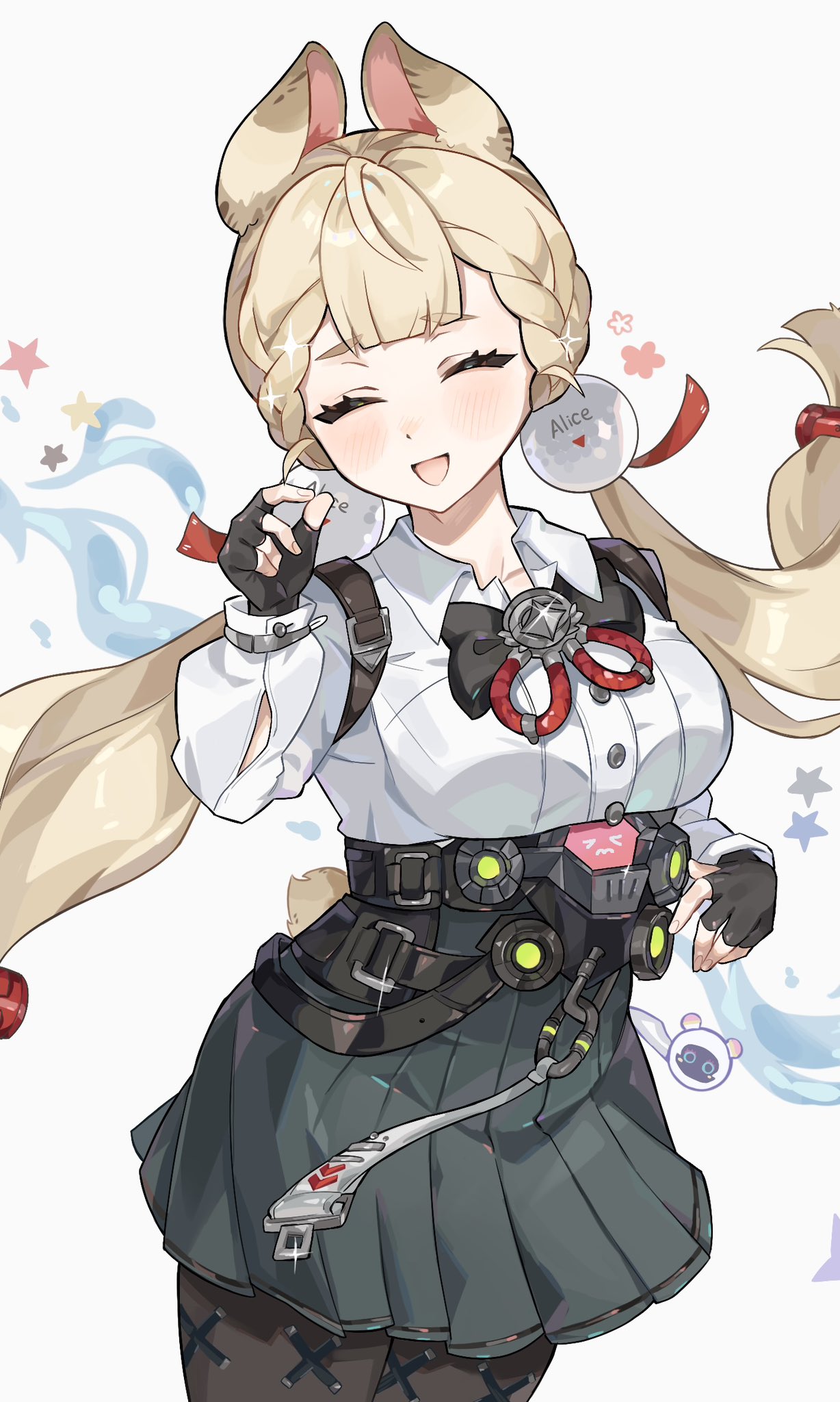 umiinu (umi inu11), alice thymefield, zenless zone zero, highres, animal ears, belt, black gloves, blonde hair, chest bow, closed eyes, fingerless gloves, gloves, hair ornament, happy, heterochromia, long hair, open mouth, rabbit ears, rabbit girl, skirt, tail, twintails