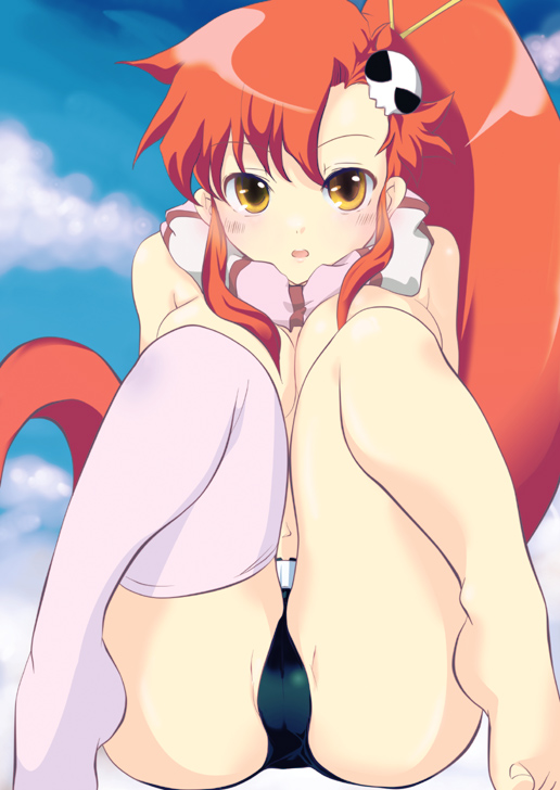 soyoking, yoko littner, tengen toppa gurren lagann, bad id, bad pixiv id, 00s, asymmetrical clothes, barefoot, legs, long hair, ponytail, red hair, single thighhigh, solo, thighhighs, toes, topless female