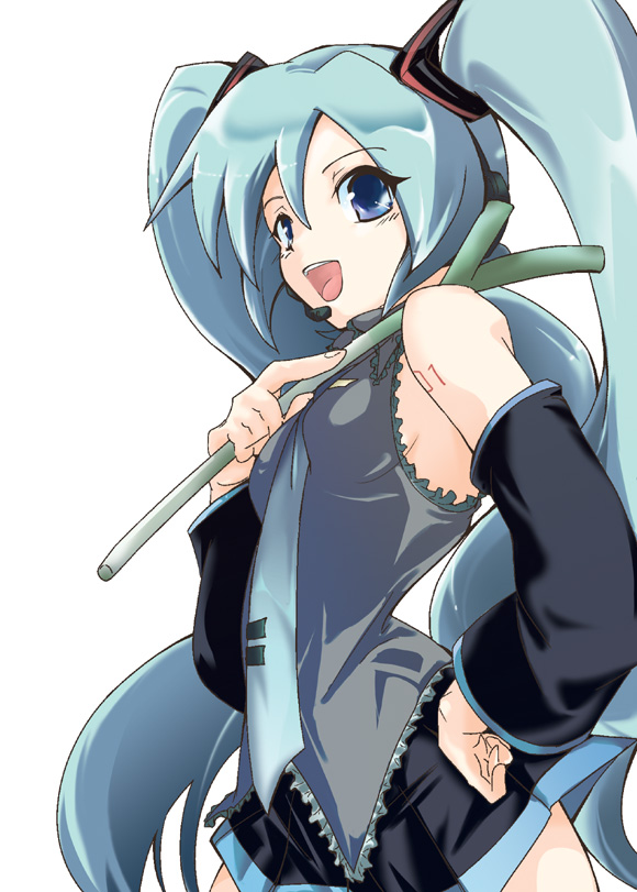 soyoking, taketake, hatsune miku, vocaloid, bad id, bad pixiv id, 1girl, female focus, laughing, long hair, simple background, solo, spring onion, standing, twintails, very long hair, white background