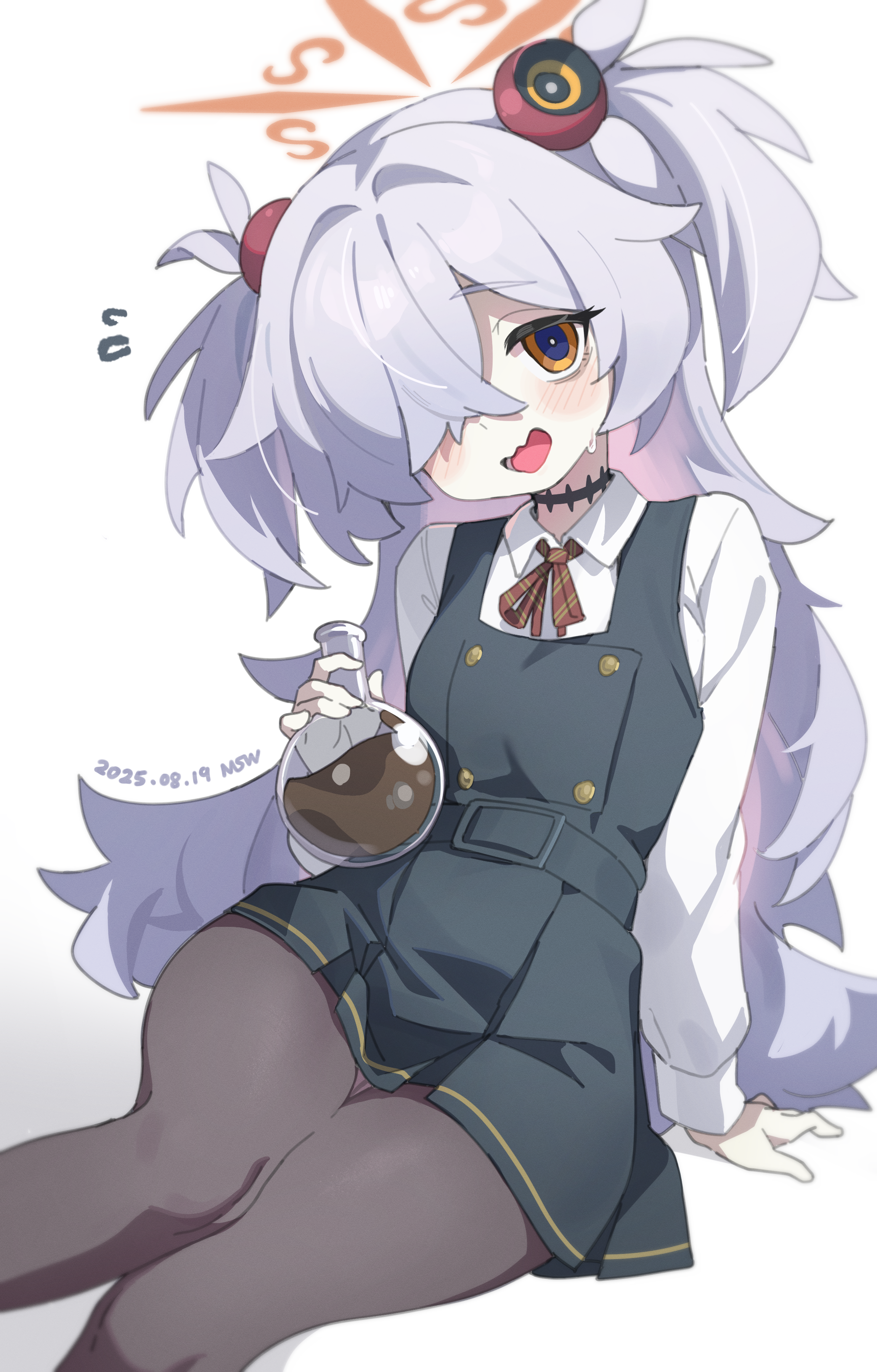 midsummerw, kanoe (blue archive), blue archive, absurdres, highres, 1girl, bags under eyes, black pantyhose, blush, brown eyes, brown halo, brown ribbon, buttons, collared shirt, crossed bangs, dated, diagonal-striped ribbon, double-breasted, dress, feet out of frame, flask, grey eyes, grey hair, hair ornament, hair over one eye, halo, holding, holding flask, long hair, long sleeves, looking at viewer, mojyo, neck ribbon, open mouth, pantyhose, pinafore dress, ribbon, shirt, simple background, sitting, sleeveless, sleeveless dress, small sweatdrop, solo, two side up, very long hair, white background, white shirt