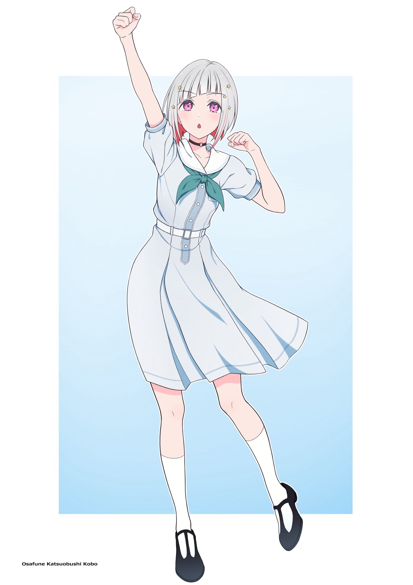 osafune katsuobushi kobo, yugiri tsuzuri, link! like! love live!, love live!, commentary, highres, 1girl, aqua neckerchief, arms up, artist name, black choker, black shoes, blue background, blue dress, chestnut mouth, choker, clenched hands, collarbone, colored inner hair, diagonal bangs, dress, full body, gradient background, grey hair, hasu no sora school uniform, multicolored hair, neckerchief, o-ring, o-ring choker, open mouth, pink eyes, puffy short sleeves, puffy sleeves, raised fist, red hair, sailor collar, sailor dress, school uniform, shoes, short sleeves, simple background, socks, solo, standing, summer uniform, virtual youtuber, white sailor collar, white socks