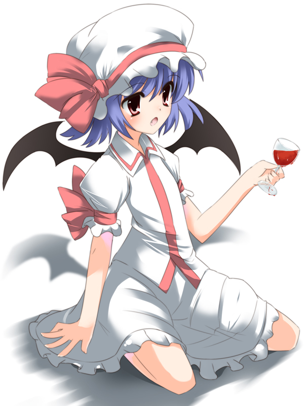 shouji ayumu, remilia scarlet, team shanghai alice, touhou, bad id, bad pixiv id, 1girl, alternate color, cup, drinking glass, fang, female focus, hat, purple hair, red eyes, short hair, sitting, solo, wariza, white hat, wine glass, wings