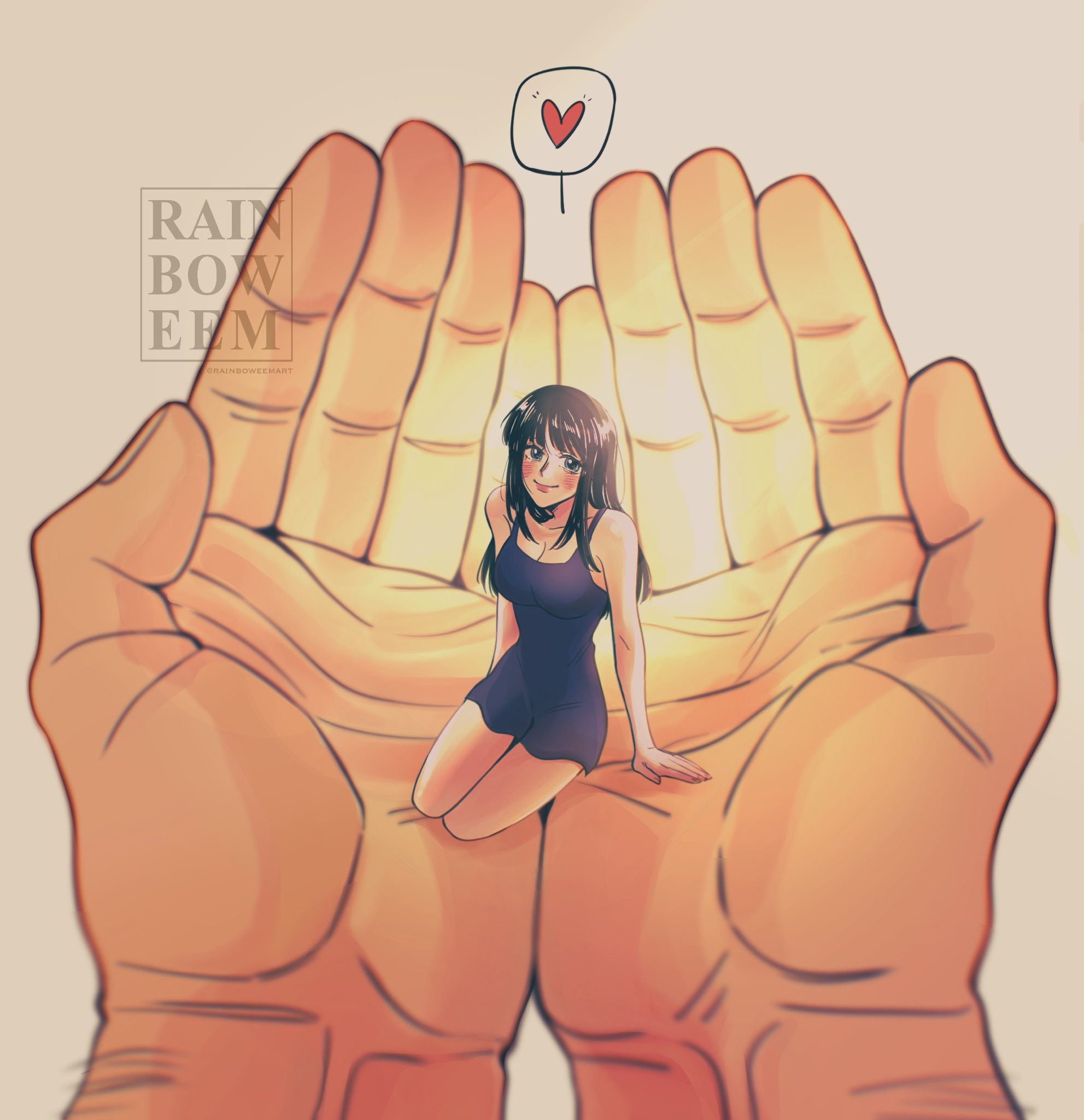 rainboweem, jaguar d. saul, nico robin, one piece, commentary, english commentary, highres, 1boy, 1girl, blue dress, blunt bangs, blush, carrying, carrying person, dress, giant, heart, long hair, out of frame, simple background, smile, spoken heart, watermark