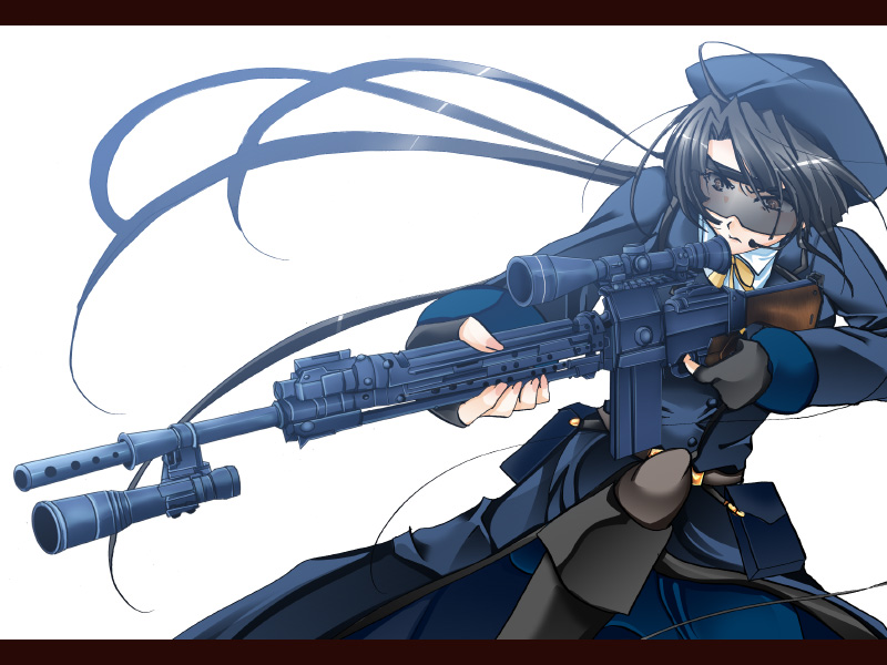 sakayaki (burning soul), original, sniper, bad id, bad pixiv id, 1girl, female focus, gun, hat, headset, letterboxed, marksman, rifle, scope, solo, weapon