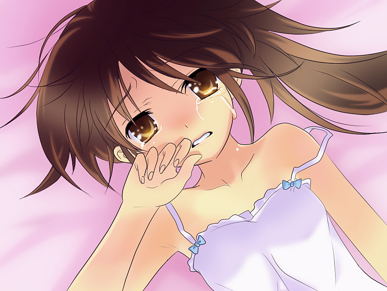 azuma (azuma1943), kyonko, suzumiya haruhi no yuuutsu, 00s, 1girl, bed, camisole, female focus, genderswap, genderswap (mtf), ponytail, solo, tears