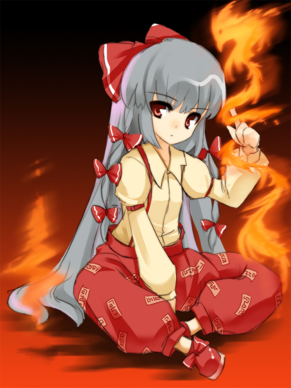 shouji ayumu, fujiwara no mokou, team shanghai alice, touhou, silver hair, bad id, bad pixiv id, 1girl, bow, female focus, fire, full body, hair bow, index finger raised, indian style, long hair, long sleeves, looking at viewer, magic, ofuda, pants, red eyes, shirt, sitting, solo, spread legs, suspenders, very long hair, white shirt