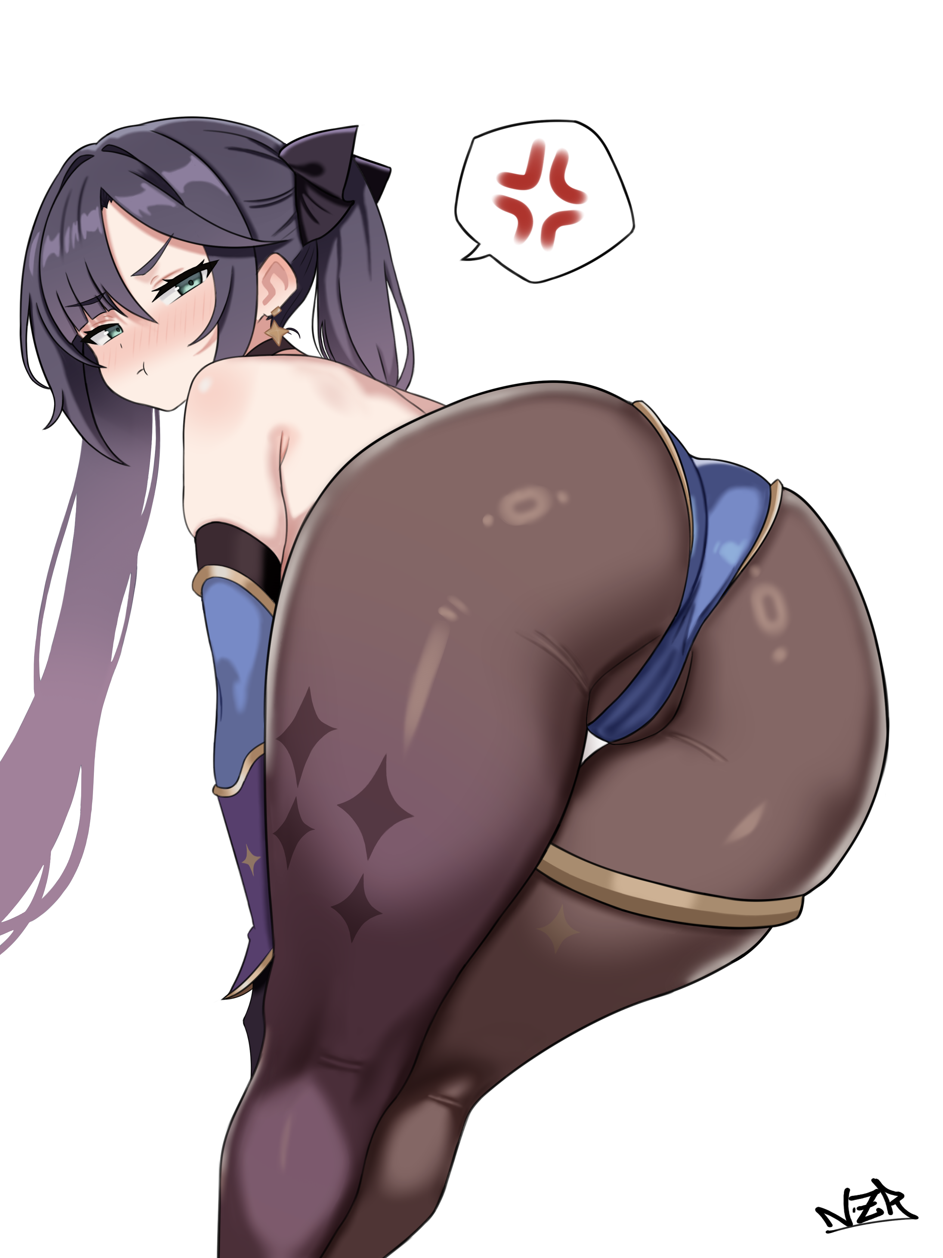 nazara774, mona (genshin impact), genshin impact, absurdres, highres, 1girl, anger vein, ass, bare shoulders, bent over, black gloves, black hair, blue leotard, blush, brown pantyhose, choker, detached sleeves, earrings, gloves, gold trim, green eyes, highleg, highleg leotard, jewelry, leotard, long hair, looking at viewer, looking back, pantyhose, pout, solo, spoken anger vein, star (symbol), star earrings, thighlet, thighs, twintails