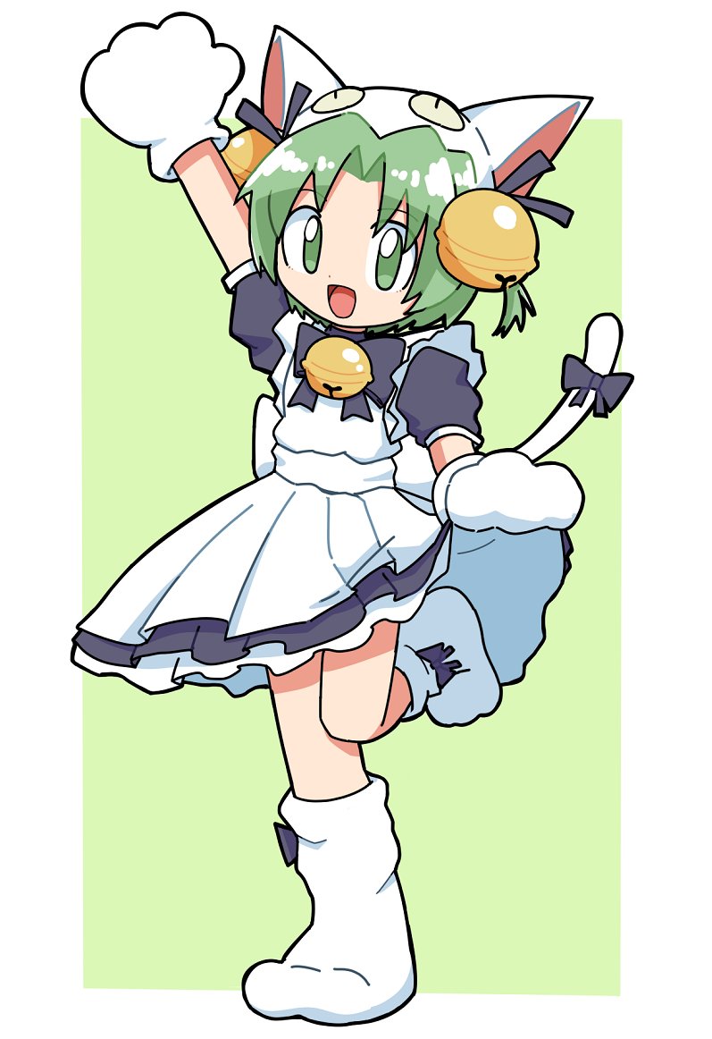 cocia (kosianko), dejiko, di gi charat, 1girl, :d, animal hat, apron, arm up, bell, blue bow, blue bowtie, blue dress, blue ribbon, bow, bowtie, cat girl, cat hat, cat tail, dress, full body, green eyes, green hair, hair bell, hair ornament, hair ribbon, hat, jingle bell, looking at viewer, medium hair, mittens, neck bell, open mouth, parted bangs, puffy short sleeves, puffy sleeves, ribbon, shoes, short sleeves, skirt hold, smile, solo, standing, standing on one leg, tail, tail bow, tail ornament, two side up, white apron, white hat, white mittens, white shoes