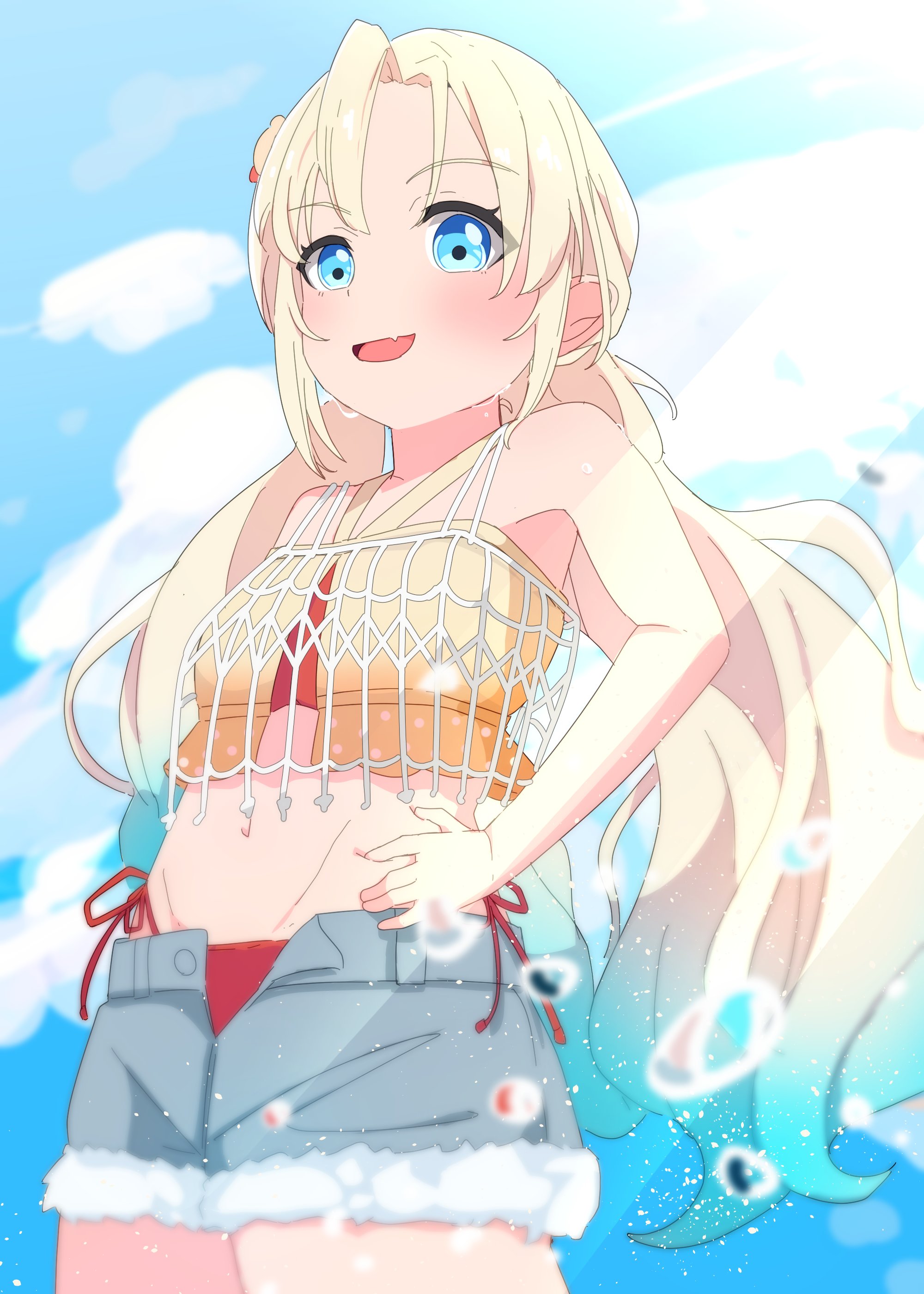 kametora (kametora02), osawa rurino, comiket 106, link! like! love live!, love live!, absurdres, commentary request, highres, 1girl, :d, bare shoulders, bikini, bikini under clothes, blonde hair, blue eyes, blue hair, blue sky, breasts, cloud, collarbone, cowboy shot, day, fang, gradient hair, grey shorts, hair intakes, hand on own hip, hands on own hips, highleg, highleg bikini, light particles, long hair, looking at viewer, low twintails, multicolored hair, official alternate costume, open fly, open mouth, osawa rurino (c106 swimsuit), red bikini, shirt, short shorts, shorts, side-tie bikini bottom, skin fang, sky, small breasts, smile, solo, swimsuit, twintails, virtual youtuber, yellow shirt