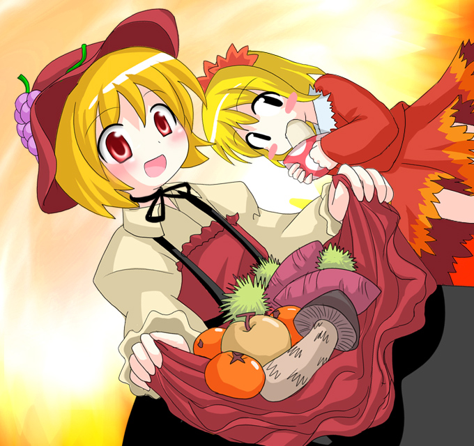 des (namaasi), aki minoriko, aki shizuha, touhou, 2girls, :d, apple, apron, blonde hair, blush, blush stickers, choker, dutch angle, eating, female focus, food, fruit, grapes, hat, long sleeves, looking at viewer, multiple girls, mushroom, open mouth, red eyes, ribbon choker, short hair, siblings, sisters, skirt, skirt basket, skirt set, smile, sweet potato