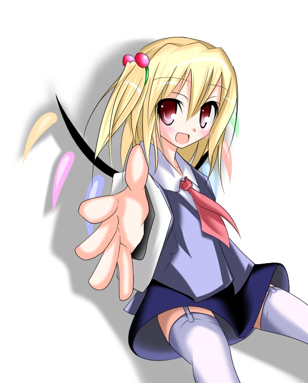 oouso, flandre scarlet, touhou, 1girl, blush, casual, female focus, hair between eyes, solo, thighhighs, white thighhighs, wings