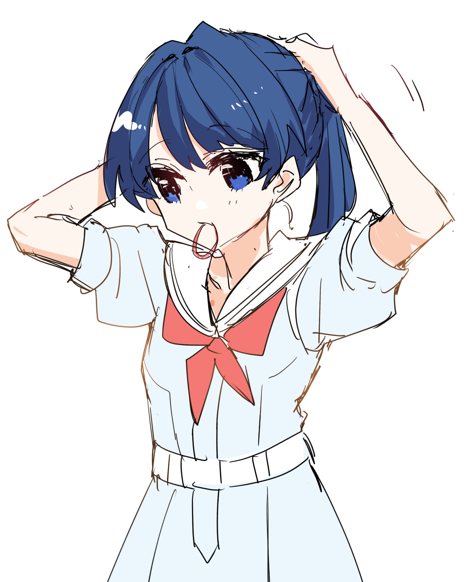 kanduki kamibukuro, murano sayaka, link! like! love live!, love live!, commentary request, highres, 1girl, arms up, blue dress, blue eyes, blue hair, collarbone, cowboy shot, dress, hair tie in mouth, hasu no sora school uniform, hickey, looking to the side, mole, mole on neck, mouth hold, neckerchief, ponytail, puffy short sleeves, puffy sleeves, red neckerchief, sailor collar, sailor dress, school uniform, short sleeves, solo, summer uniform, tying hair, virtual youtuber, white sailor collar