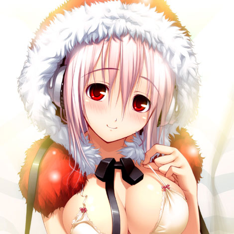 tsuji santa, super sonico, nitroplus, fur, lowres, 1girl, bikini, bikini top only, blush, breasts, cleavage, female focus, headphones, hood, large breasts, pink hair, red eyes, smile, solo, swimsuit