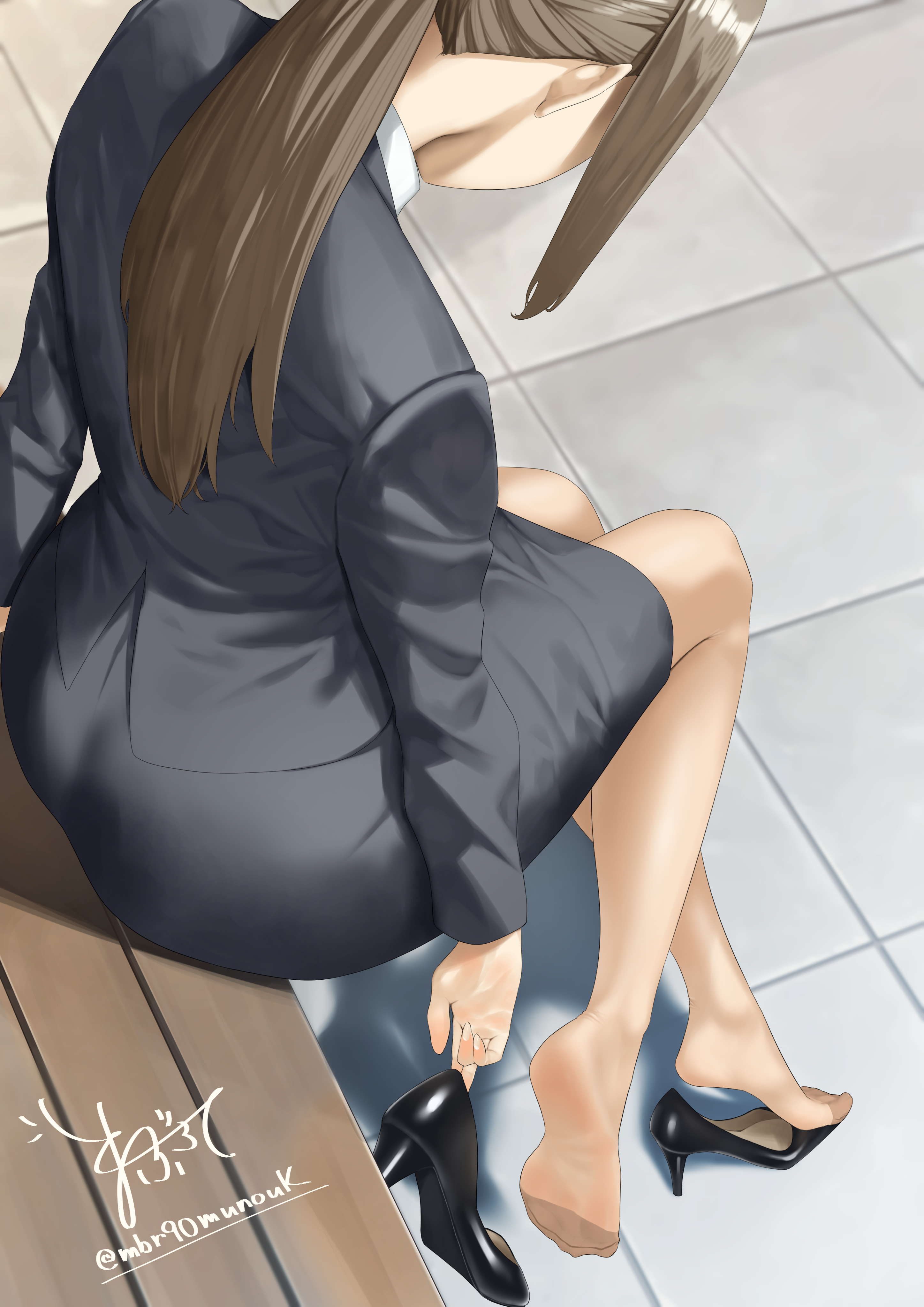 maburoku, absurdres, highres, 1girl, bench, brown hair, feet, long hair, office lady, pantyhose, ponytail, shoes, sitting, soles, toes, unworn shoes