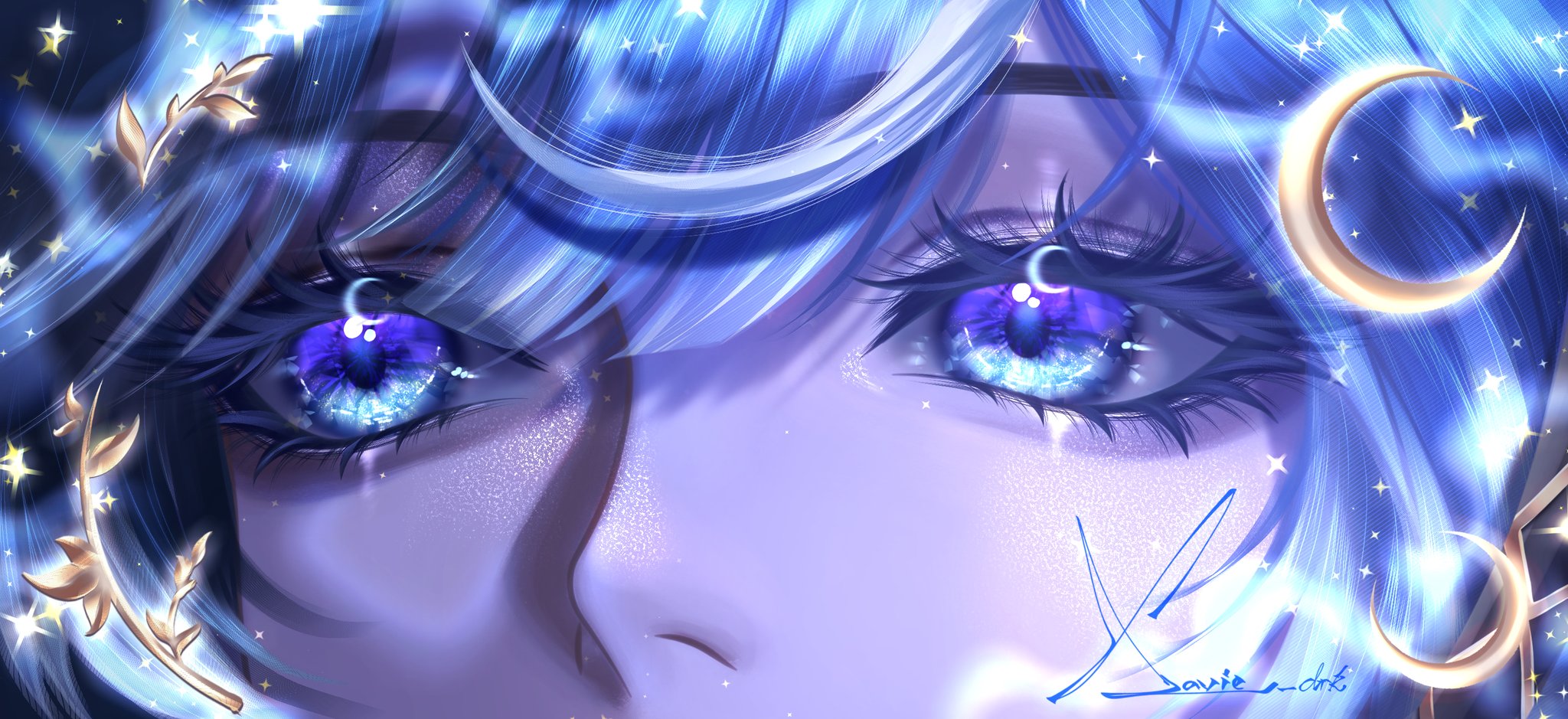 xaviedrk, iuno (wuthering waves), wuthering waves, commentary, highres, 1girl, blue eyes, blue hair, close-up, eye focus, eyelashes, looking to the side, multicolored eyes, purple eyes, signature, solo, two-tone eyes