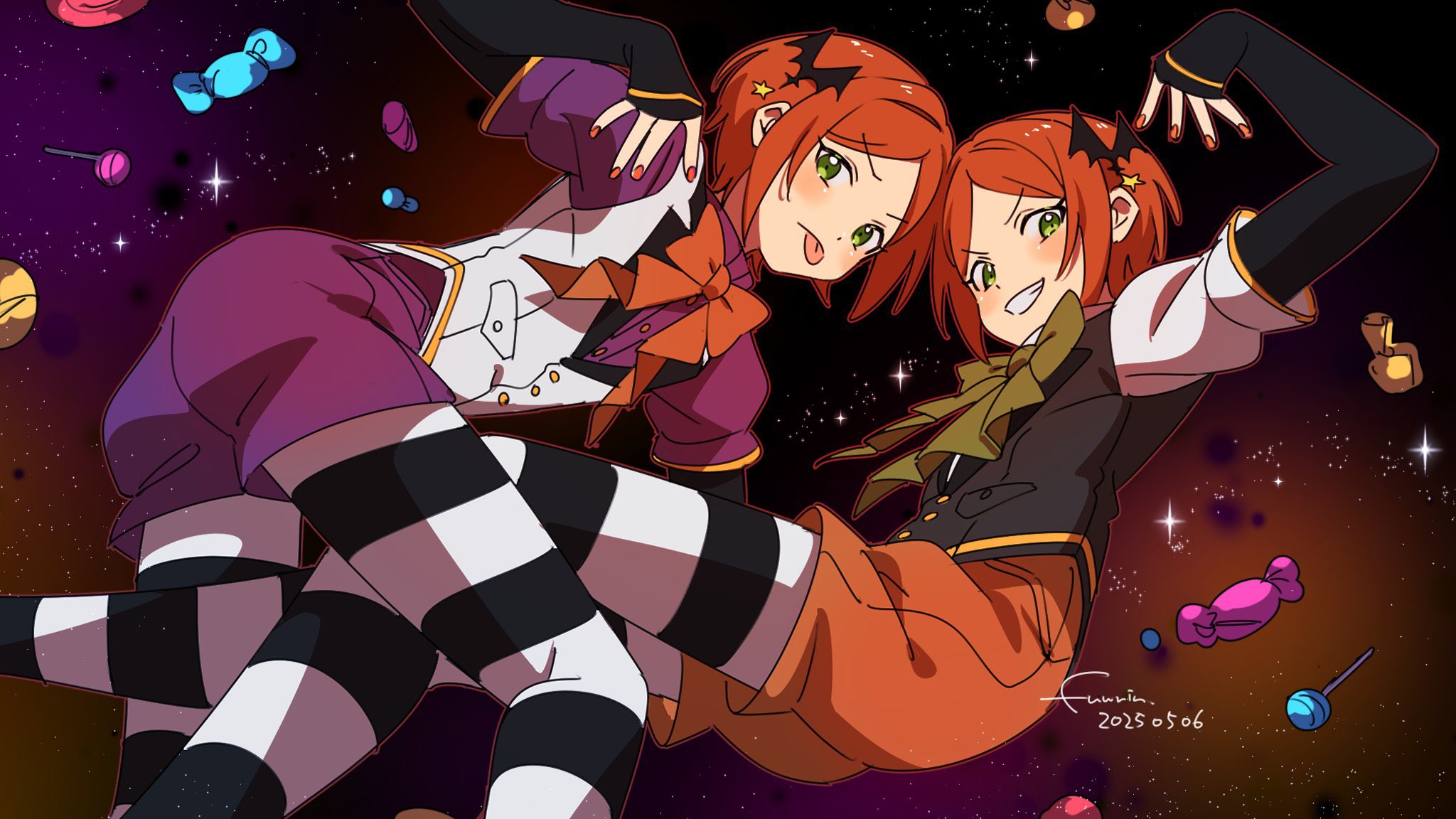 fuurin (sior fr), aoi hinata, aoi yuta, ensemble stars!, highres, 2boys, 2wink (ensemble stars!), bat hair ornament, black vest, bow, bowtie, brothers, brown bow, brown bowtie, buttons, candy, collared shirt, food, green eyes, grin, hair ornament, halloween costume, layered sleeves, lollipop, long sleeves, looking at viewer, male focus, multiple boys, nail polish, orange bow, orange bowtie, orange hair, orange shorts, pantyhose, parted bangs, puffy short sleeves, puffy sleeves, purple shirt, purple shorts, shirt, short hair, short over long sleeves, short sleeves, shorts, siblings, sleeves past wrists, smile, striped clothes, striped pantyhose, tongue, tongue out, twins, vest, white shirt, white vest