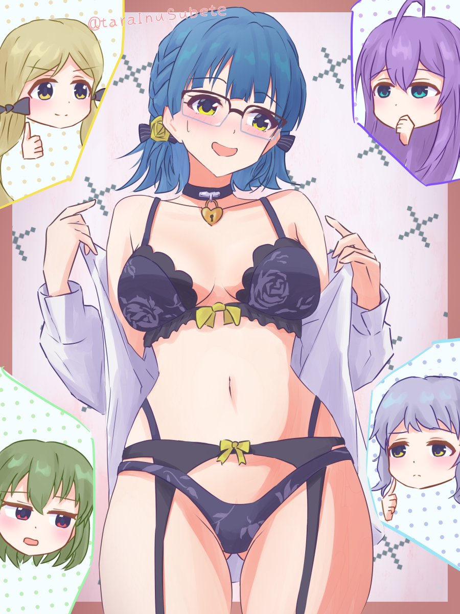 tarainusubete, handa roco, makabe mizuki, mochizuki anna, nagayoshi subaru, nanao yuriko, idolmaster, idolmaster million live!, highres, averting eyes, blue hair, blush, bow, bow bra, bow panties, bra, breasts, breasts apart, choker, floral print bra, floral print panties, garter belt, garter straps, glasses, gluteal fold, hair bow, lace, lace-trimmed bra, lace trim, lingerie, navel, open clothes, open shirt, over-rim eyewear, panties, ribbon, semi-rimless eyewear, shirt, underwear, white shirt
