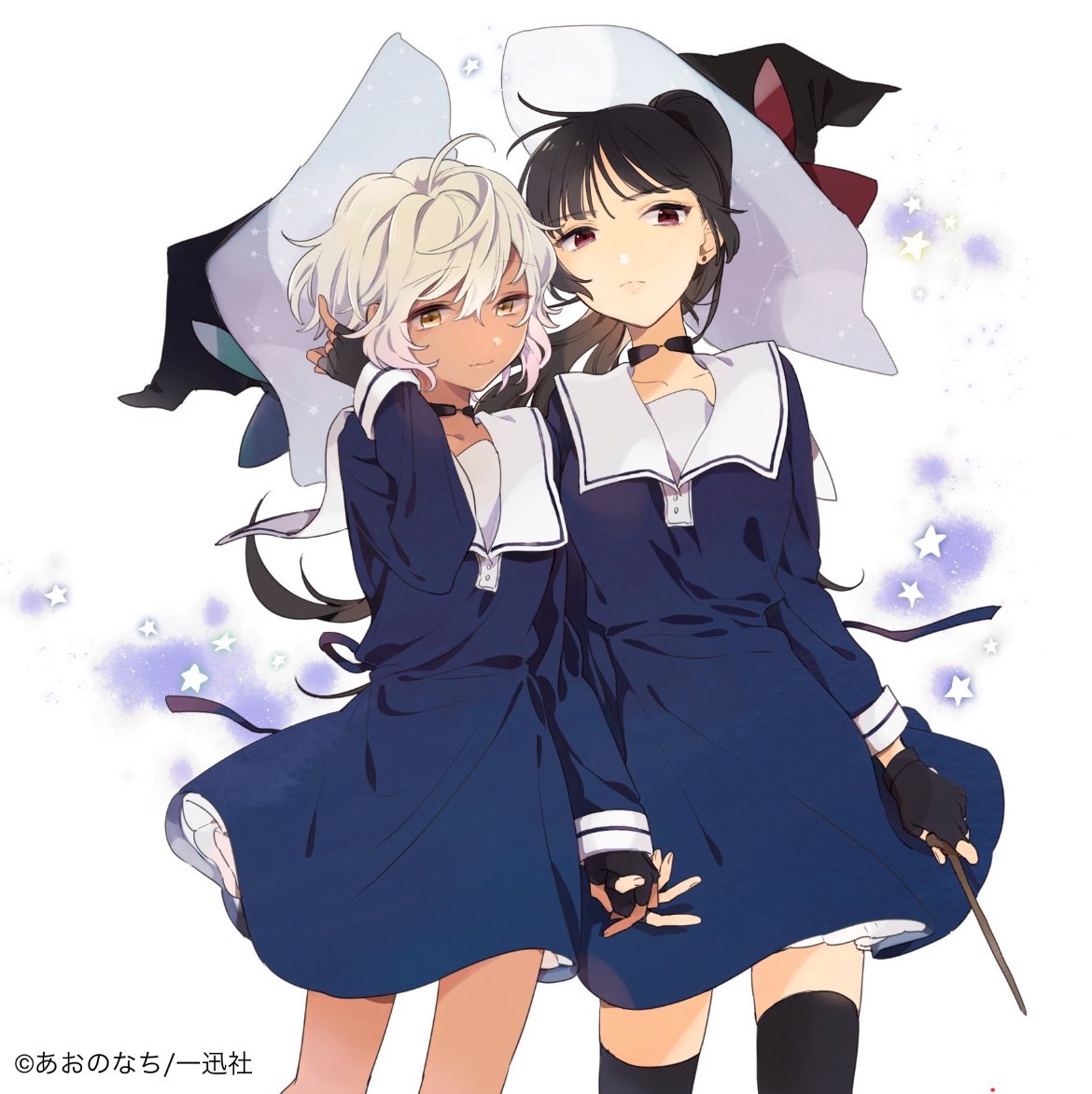 aono nachi, lizzy seiran, maud ali, kimi ga shinu made koi wo shitai, second-party source, 2girls, artist name, black hair, blonde hair, dark skin, hat, holding, holding hands, holding wand, interlocked fingers, light smile, long hair, multiple girls, ponytail, school uniform, short hair, skirt, wand