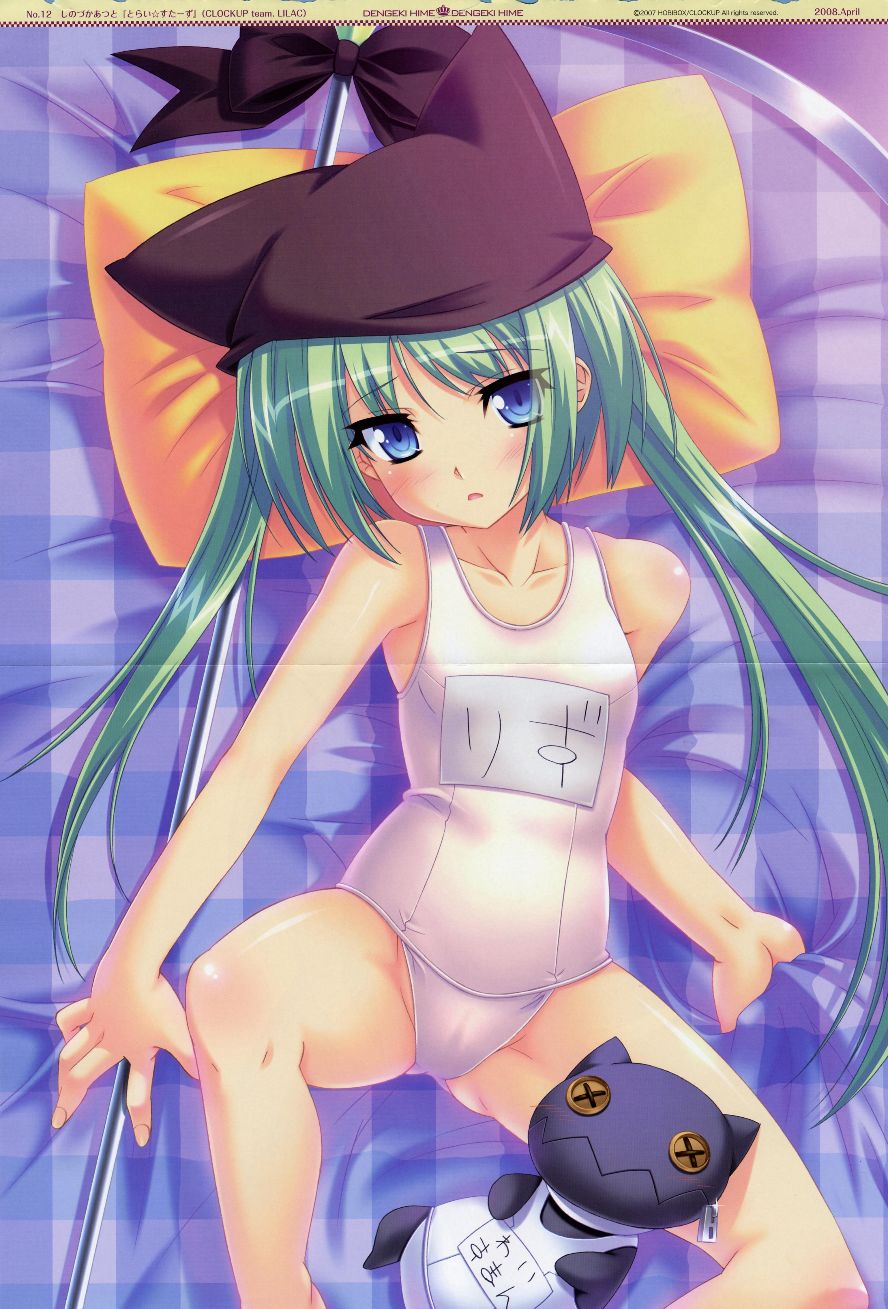 shinozuka atsuto, rizel the killer queen, dengeki hime, tri-stars, plaid, absurdres, highres, scan, 1girl, animal hat, bed, blue eyes, blush, bow, cameltoe, crease, embarrassed, female focus, flat chest, from above, green hair, hat, long hair, name tag, one-piece swimsuit, open mouth, pillow, school swimsuit, solo, spread legs, staff, stuffed animal, stuffed toy, swimsuit, twintails, very long hair, white one-piece swimsuit, white school swimsuit, x x