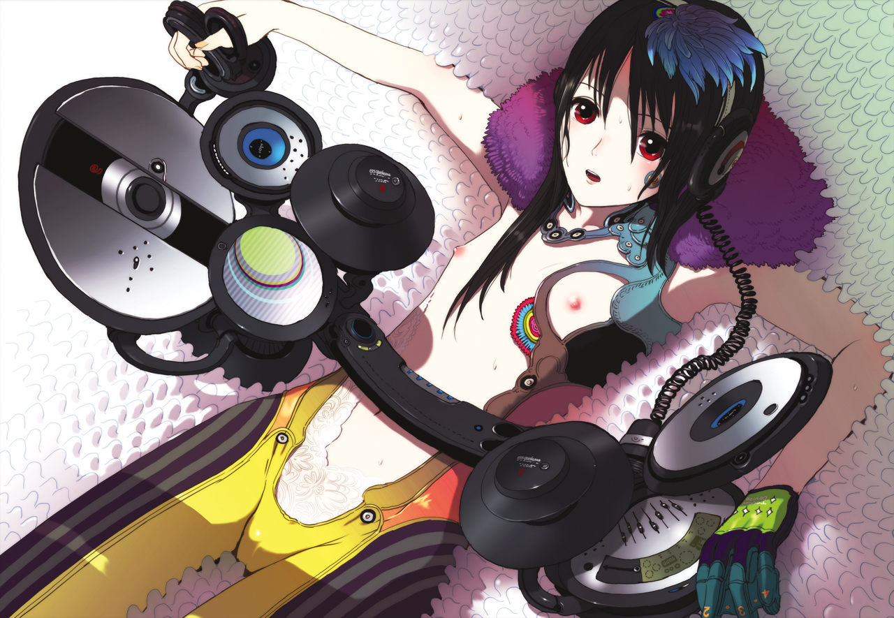 nagasawa shin, original, bad id, bad pixiv id, 1girl, black hair, female focus, flat chest, headphones, red eyes, solo