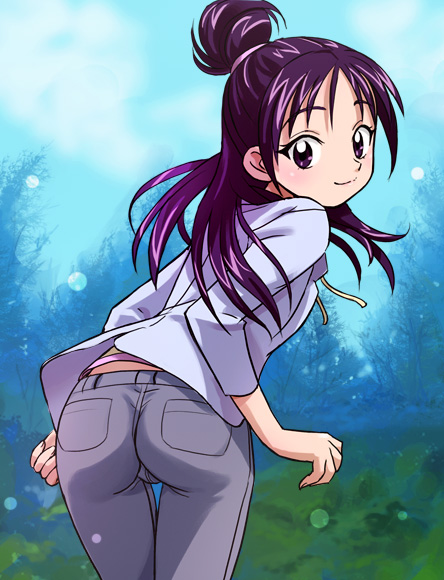 haruyama kazunori, mishou mai, futari wa precure splash star, precure, 00s, 1girl, ass, denim, female focus, from behind, half updo, jeans, long hair, looking back, nature, pants, purple eyes, purple hair, solo, tree