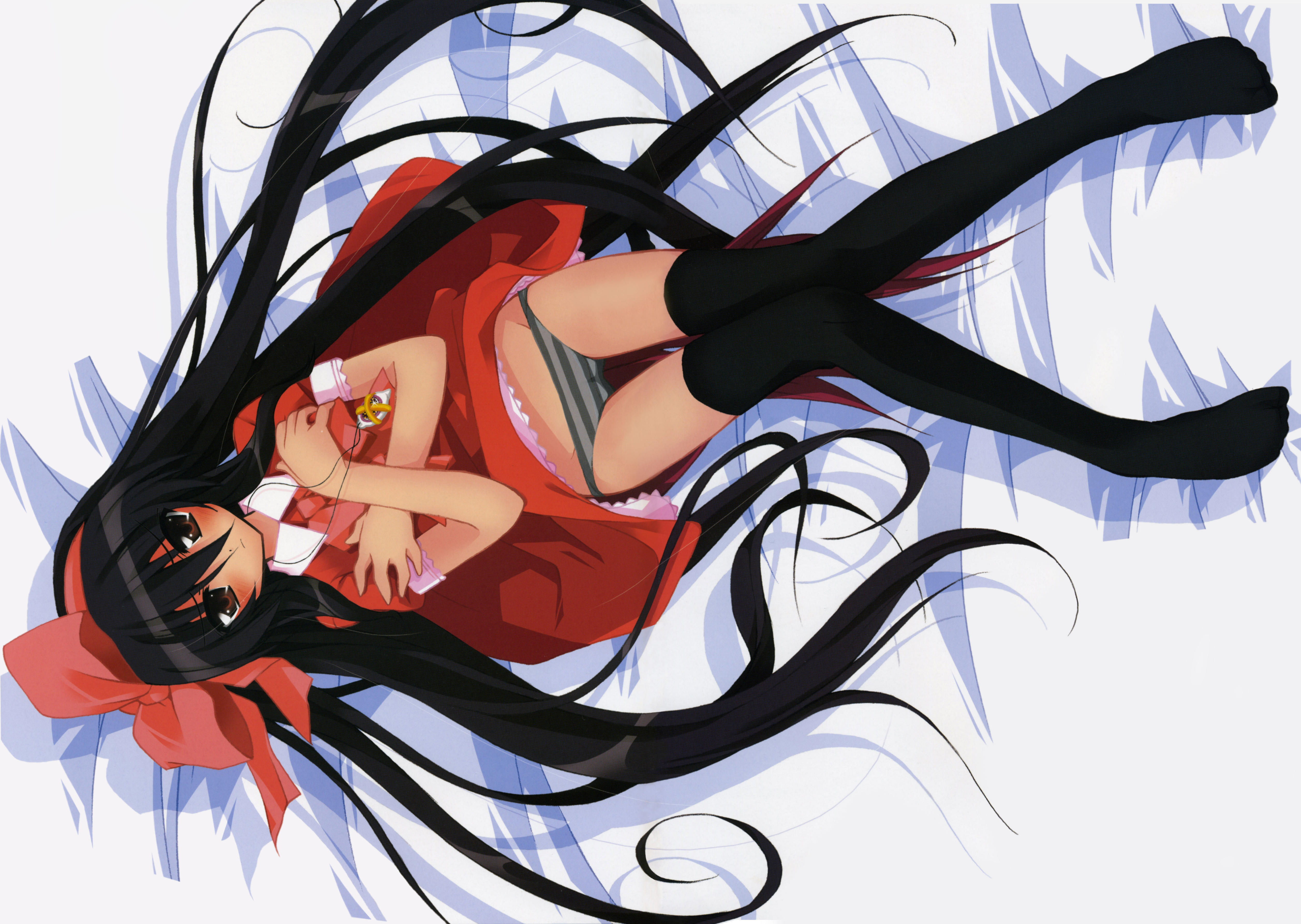 alastor (shakugan no shana), shana, shakugan no shana, absurdres, highres, 00s, 1girl, black hair, female focus, jewelry, lying, panties, pendant, solo, striped clothes, striped panties, thighhighs, underwear