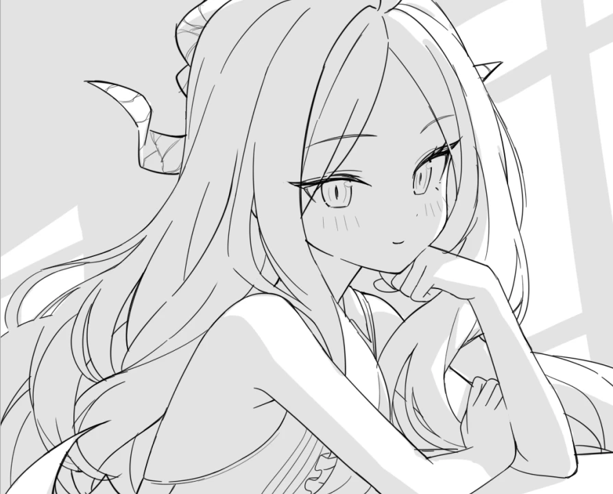 jyt, hina (blue archive), blue archive, chinese commentary, commentary request, 1girl, blush, center frills, closed mouth, demon girl, demon horns, forehead, frills, greyscale, head rest, horns, long hair, looking at viewer, monochrome, parted bangs, shirt, sleeveless, sleeveless shirt, smile, solo, upper body