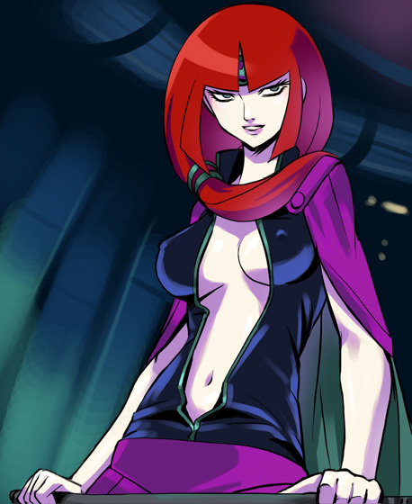 haruyama kazunori, koros, muteki koujin daitarn 3, 1970s (style), 1girl, blunt bangs, breasts, cleavage, covered erect nipples, female focus, large breasts, lips, long hair, navel, oldschool, pale skin, parted lips, red hair, retro artstyle, solo