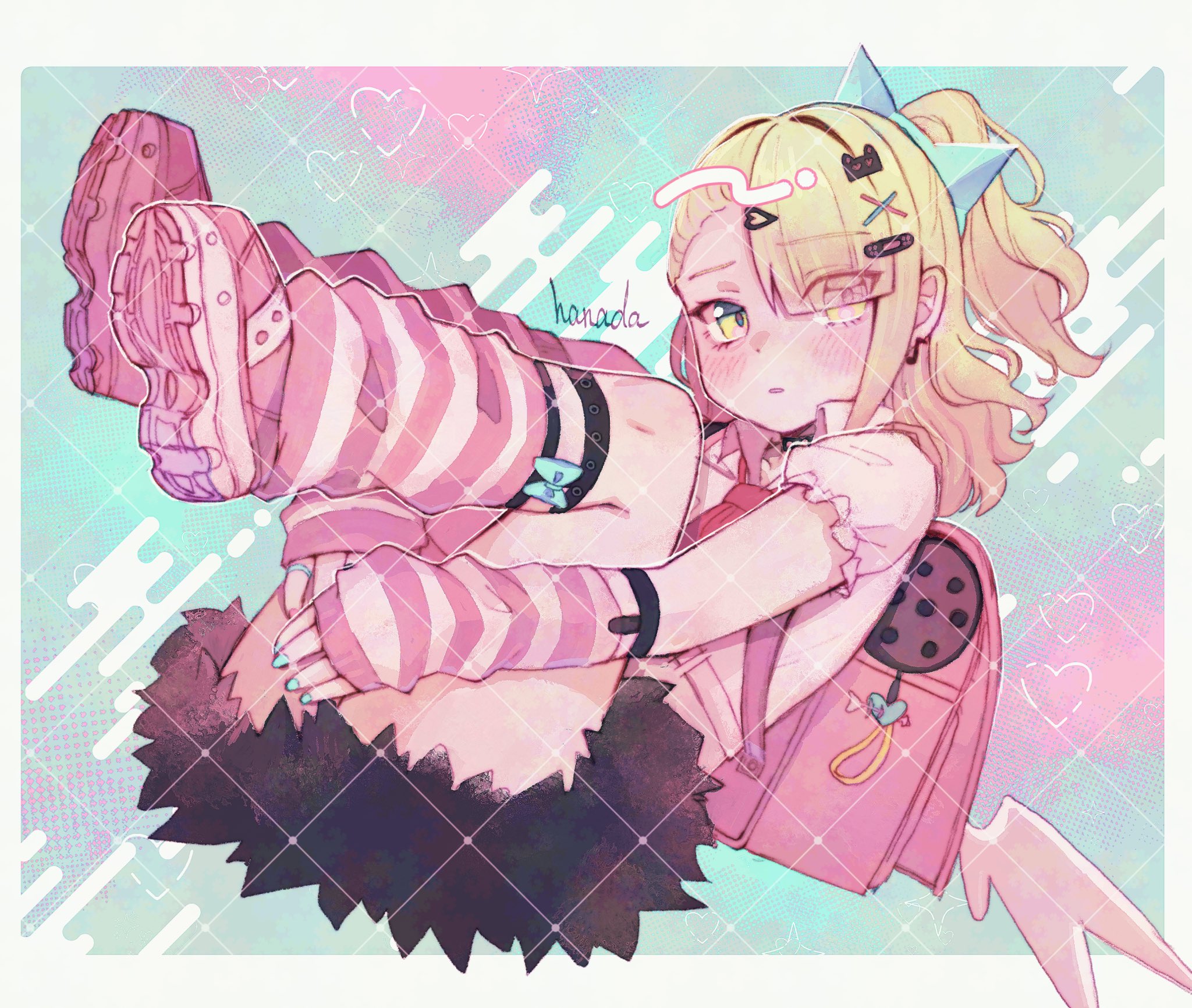 hanada (cobalt003), chinatsu remiel, zenless zone zero, highres, accessories, armband, bandaid, bandaid hair ornament, blue nails, blush, crying emoji, earrings, emoji, hair ornament, hairpin, jewelry, leg warmers, multiple thigh straps, pink arm warmers, pink bag, pink leg warmers, ring, striped arm warmers, striped leg warmers, wings