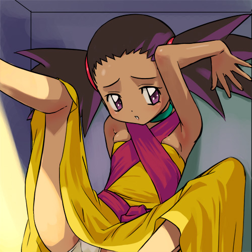 haruyama kazunori, usui chisato, dennou boukenki webdiver, lowres, 00s, aqua choker, choker, dark-skinned female, dark skin, halterneck, panties, solo, spread legs, underwear